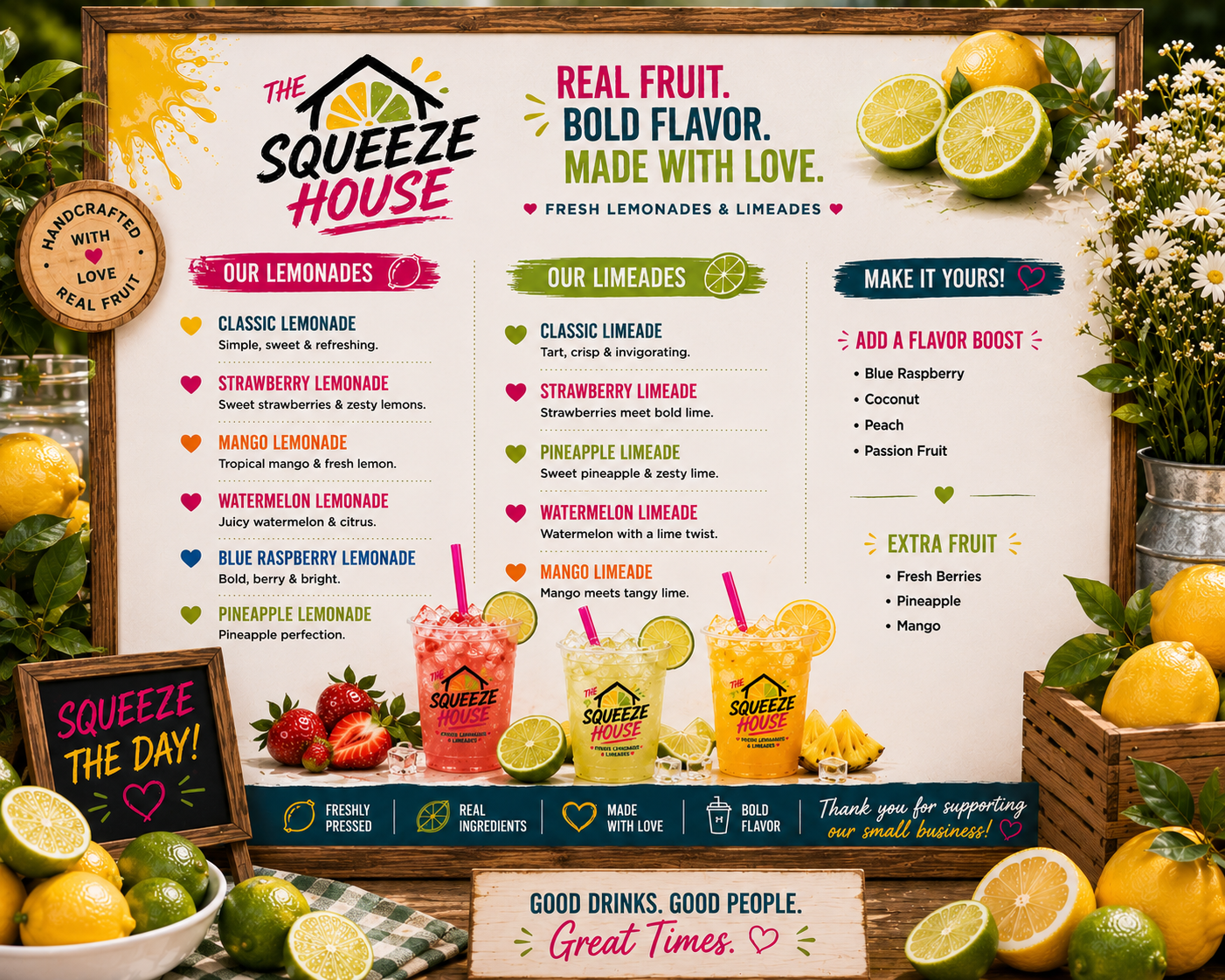 The Squeeze House flavor lineup: Classic, Strawberry, Mango, Watermelon, Blue Raspberry, Pineapple
