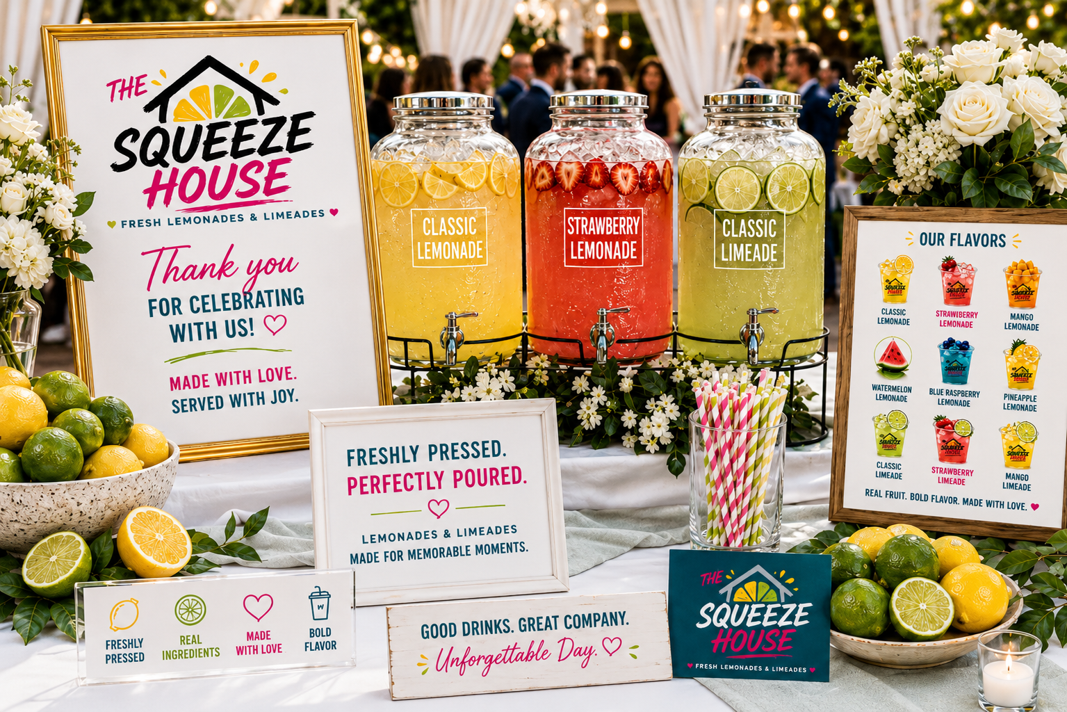 Elegant The Squeeze House wedding lemonade bar with florals and gold accents