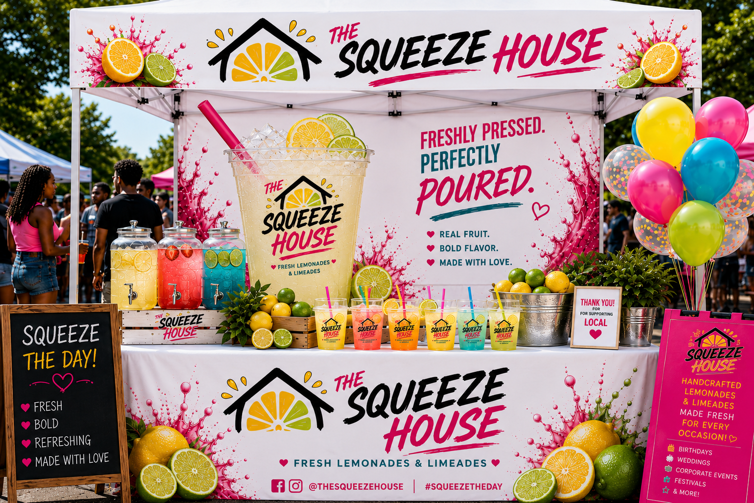 The Squeeze House festival pop-up stand with colorful balloons and lemonade dispensers