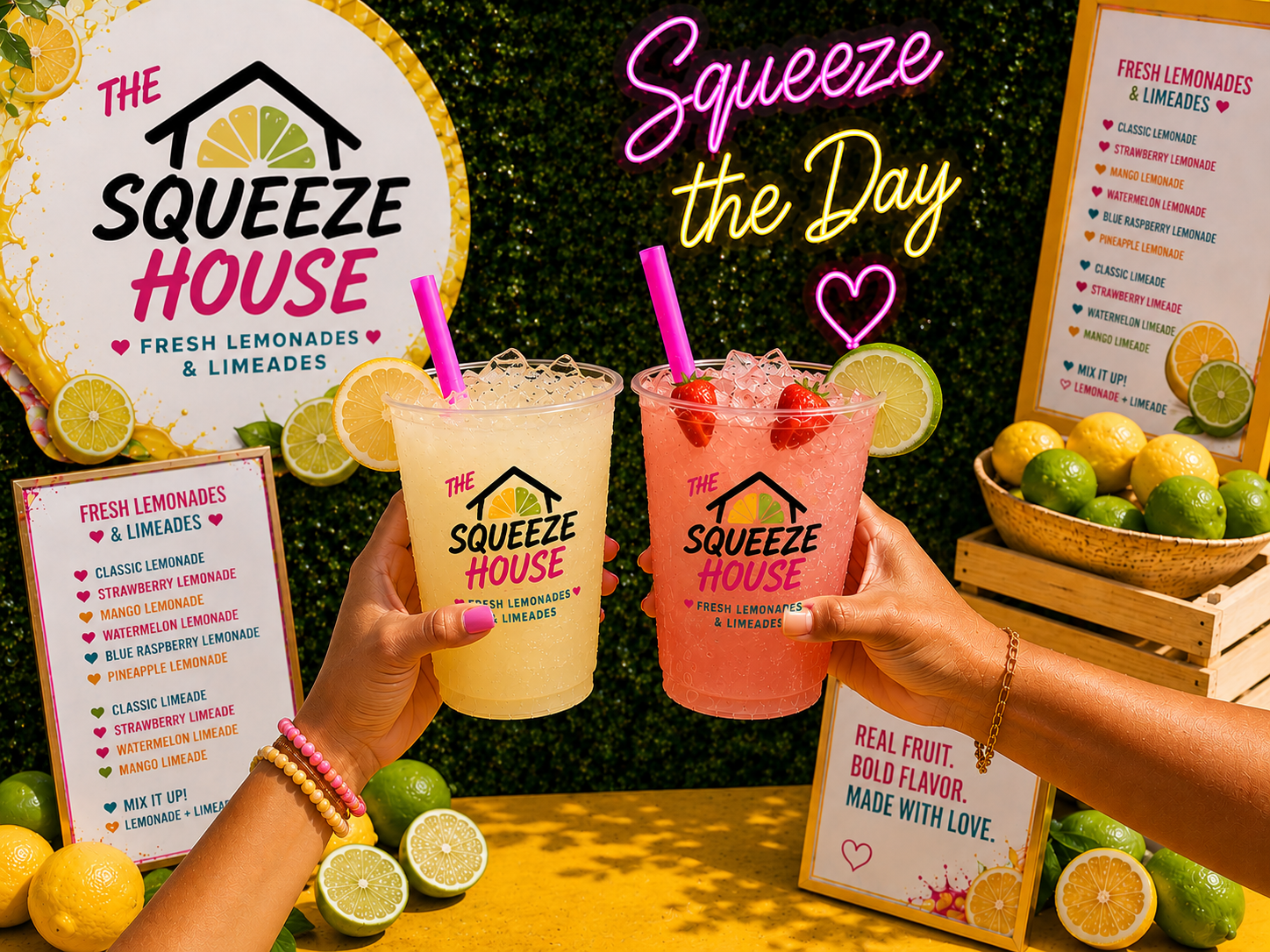 Close-up of icy The Squeeze House lemonade with fresh lemons