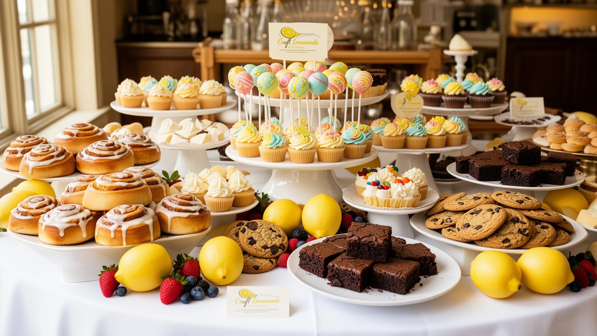 Atlanta dessert catering spread with cinnamon rolls, cupcakes, cake pops, cookies, and brownies