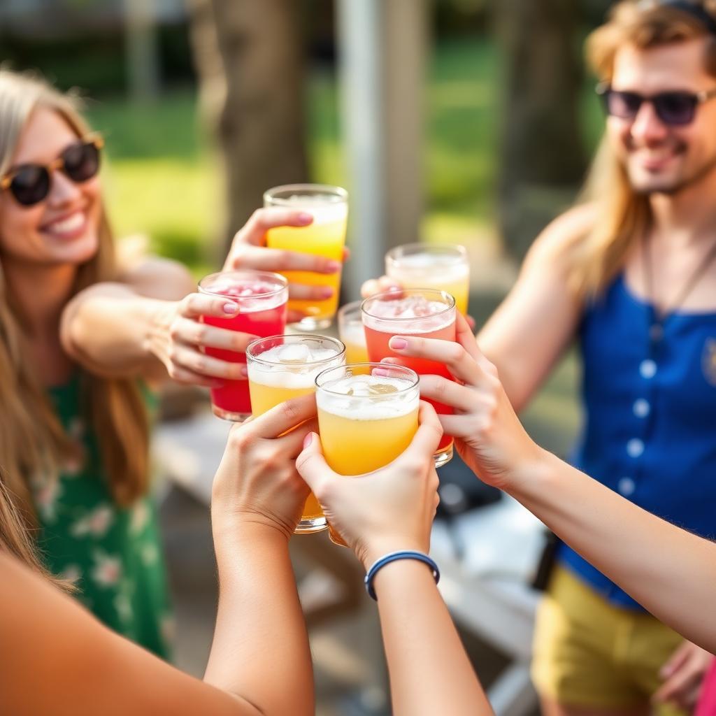 Friends cheers-ing The Squeeze House lemonade cups in front of Squeeze the Day neon sign